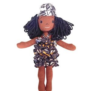 HARPERIMAN 14" Handmade Linen Cloth Doll AfricanAmerican BraidHair Ruffle Dress